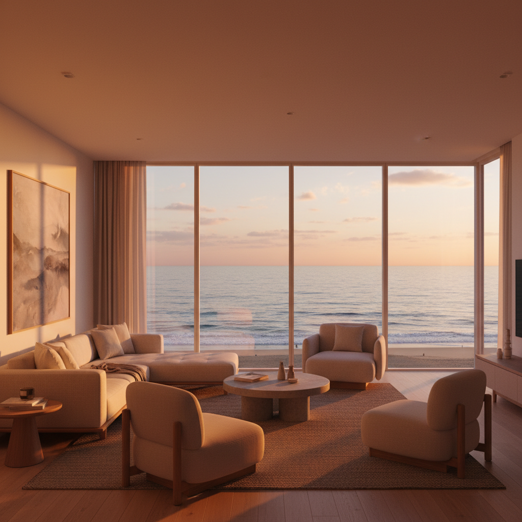 Apartamento moderno con vistas al mar al atardecer, diseño interior elegante y luz natural cálida.