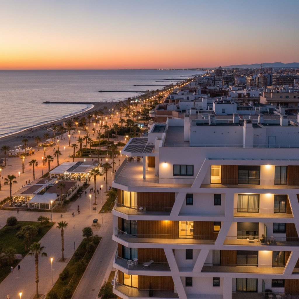 Vista aérea fotorealista de un apartamento en la Malvarrosa, Valencia al atardecer. Iluminación profesional y detalles nítidos.